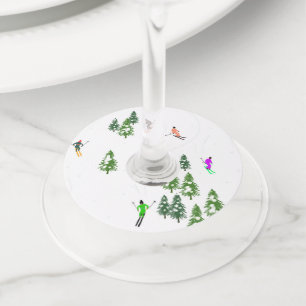 Freeride Alpine Skiers Skiing Ski Skis Art Party  Wine Glass Tag