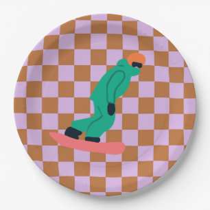 Freeride Snowboarder Green Suit Chequered  Paper Plate