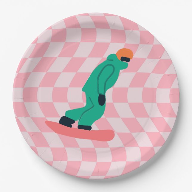 Freeride Snowboarder Green Suit Chequered Pink Paper Plate (Front)