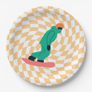 Freeride Snowboarder In Green Suit Checkered    Paper Plate