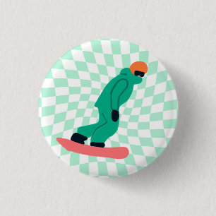 Freeride Snowboarder In Green Suit Chequered 3 Cm Round Badge