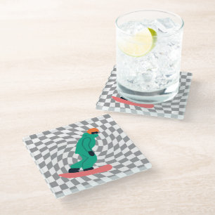 Freeride Snowboarder In Green Suit Chequered Glass Coaster