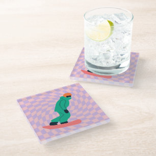 Freeride Snowboarder In Green Suit Chequered      Glass Coaster