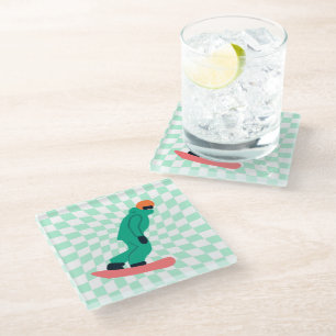 Freeride Snowboarder In Green Suit Chequered Glass Coaster