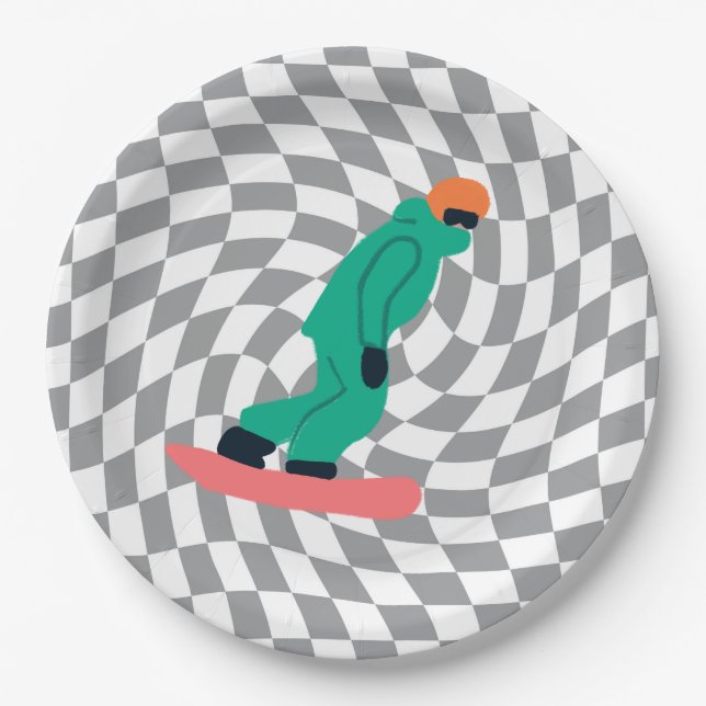 Freeride Snowboarder In Green Suit Chequered Grey Paper Plate (Front)