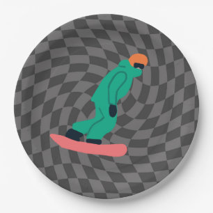 Freeride Snowboarder In Green Suit Chequered Grey Paper Plate