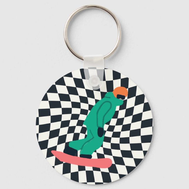 Freeride Snowboarder In Green Suit Chequered    Key Ring (Front)