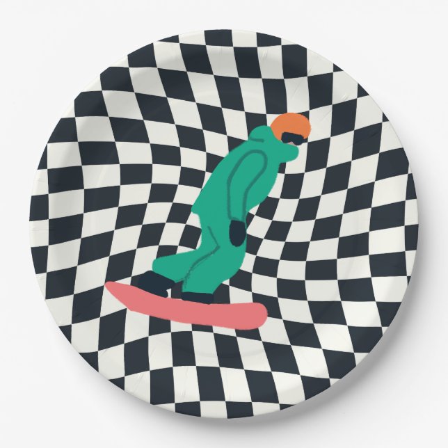 Freeride Snowboarder In Green Suit Chequered   Paper Plate (Front)