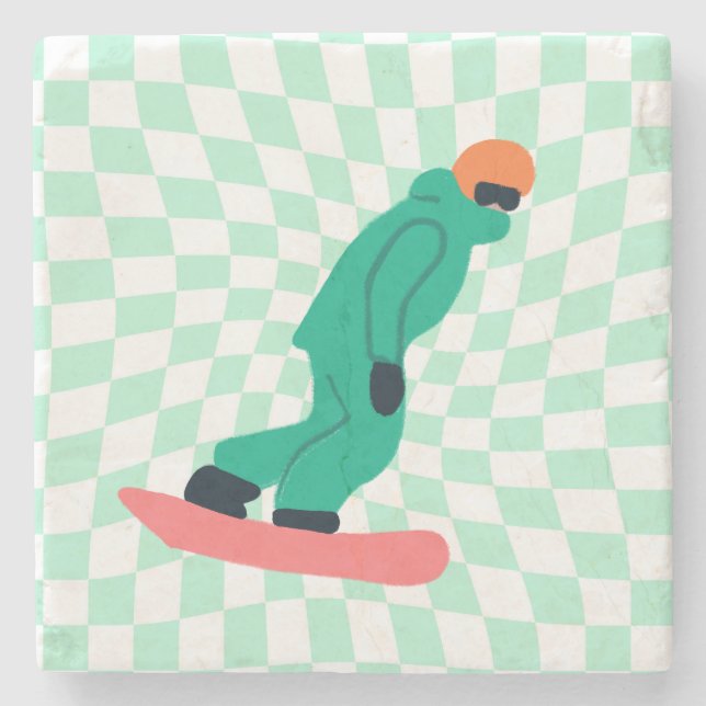 Freeride Snowboarder In Green Suit Chequered   Stone Coaster (Front)