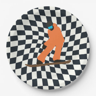 Freeride Snowboarder In Orange Suit Checkered   Paper Plate