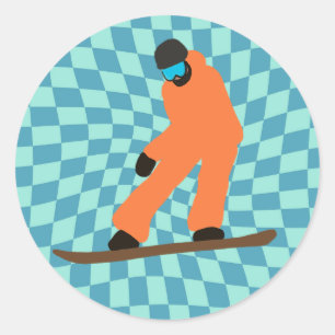 Freeride Snowboarder In Orange Suit Chequered Classic Round Sticker