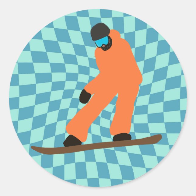 Freeride Snowboarder In Orange Suit Chequered  Classic Round Sticker (Front)