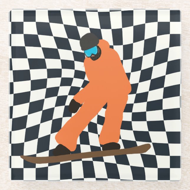 Freeride Snowboarder In Orange Suit Chequered   Glass Coaster (Front)