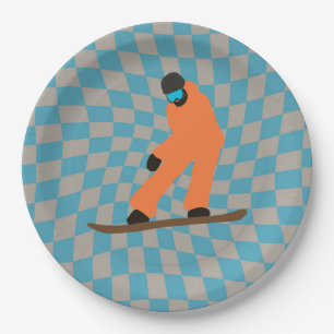 Freeride Snowboarder In Orange Suit Chequered Paper Plate