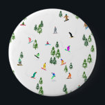 Freeride Snowboarder Snowboarding Illustration   10 Cm Round Badge<br><div class="desc">Cool whimsical illustration art of colorful snowboarders,  snowboarding downhill in mountains among pine,  spruce,  fir trees on fresh snow powder. Snowboard and xmas outdoor sport in a winter forest. Snowboarder gifts. Snowboarding Christmas decor.</div>