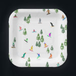 Freeride Snowboarder Snowboarding Illustration  Paper Plate<br><div class="desc">Cool whimsical illustration art of colourful snowboarders,  snowboarding downhill in mountains among pine,  spruce,  fir trees on fresh snow powder. Snowboard and xmas outdoor sport in a winter forest. Snowboarder gifts. Snowboarding Christmas decor.</div>