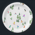Freeride Snowboarder Snowboarding Illustration   Paper Plate<br><div class="desc">Cool whimsical illustration art of colourful snowboarders,  snowboarding downhill in mountains among pine,  spruce,  fir trees on fresh snow powder. Snowboard and xmas outdoor sport in a winter forest. Snowboarder gifts. Snowboarding Christmas decor.</div>