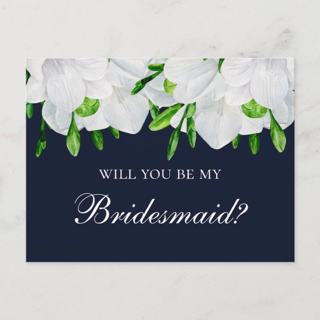 Freesia Will you be my bridesmaid. Floral navy Postcard (Front)
