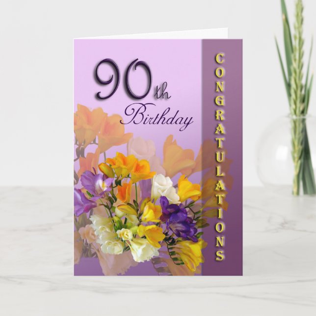 Freesias 90th Birthday Congratulations Card (Front)
