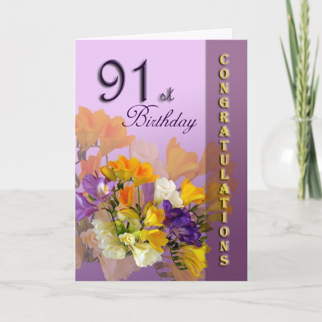 Freesias 91st Birthday Congratulations Card (Front)
