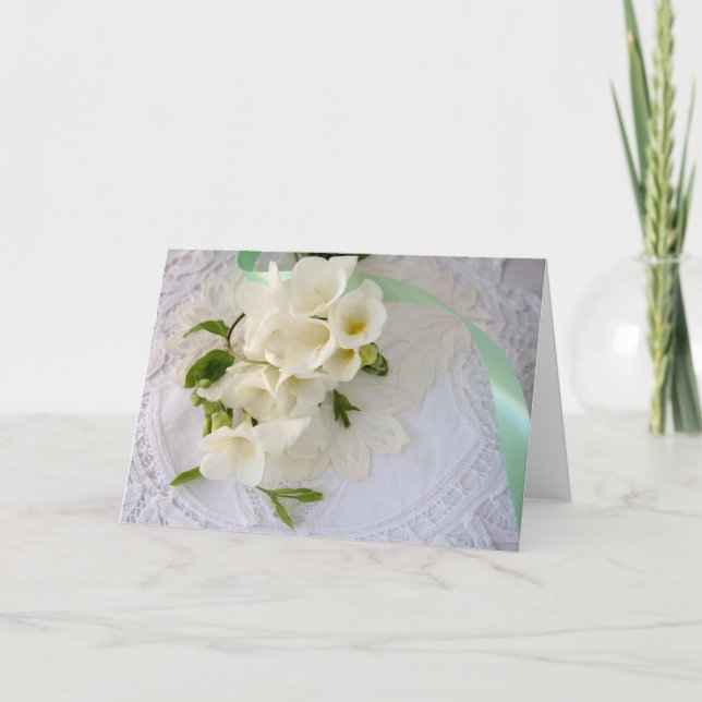 freesias on lace greeting card (Front)