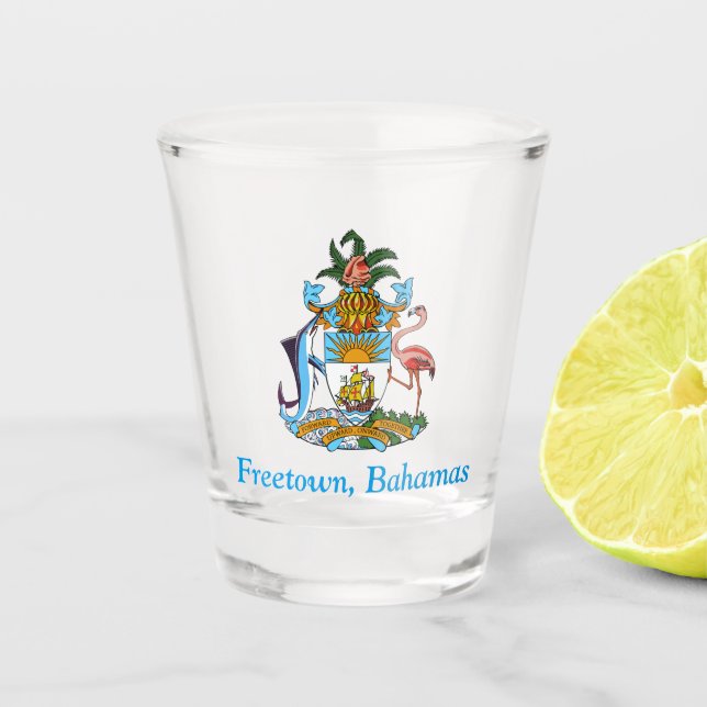 Freetown, Bahamas with Coat of Arms (Eleuthera) Shot Glass (Front)