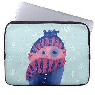 Freezing Kid With Hat And Scarf In Cold Winter Laptop Sleeve