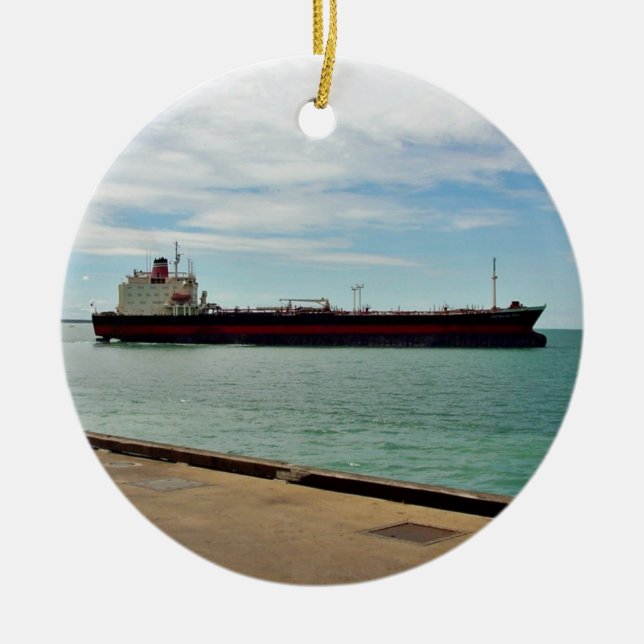 Freighter ship sailing on sea ceramic tree decoration (Front)