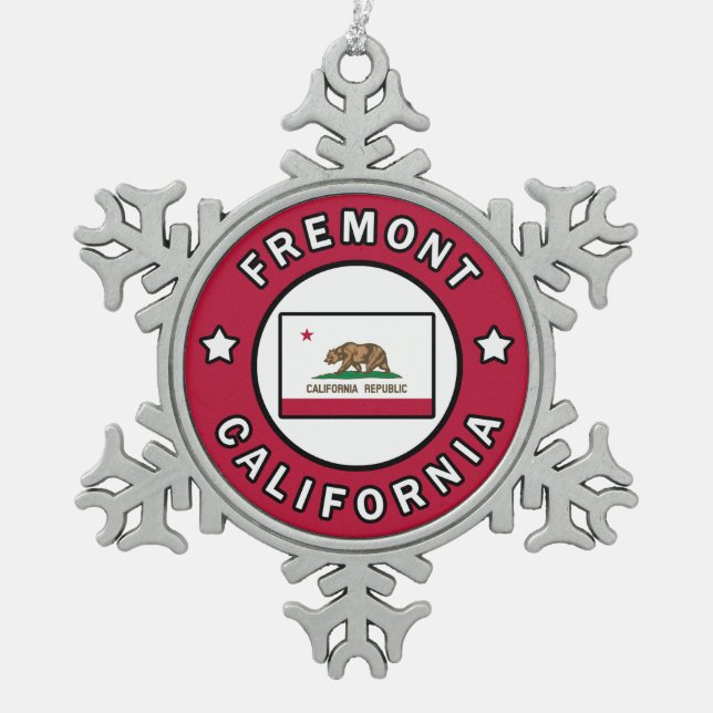 Fremont California Snowflake Pewter Christmas Ornament (Front)