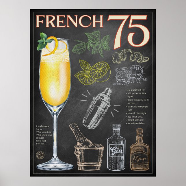 French 75 Cocktail Recipe Chalkboard Bar Art Poster (Front)