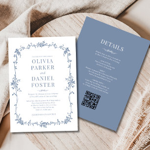 French All in One Victorian Dusty Blue Wedding  Invitation