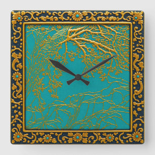 French Alps Gold Turquoise+Black Colours Wall Cloc Square Wall Clock