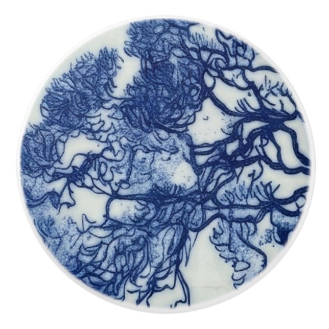 French Alps Village Cobalt Blue Ceramic Art Tile Knob (Front)