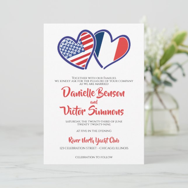 French American Heart Flags Wedding Invitation (Standing Front)