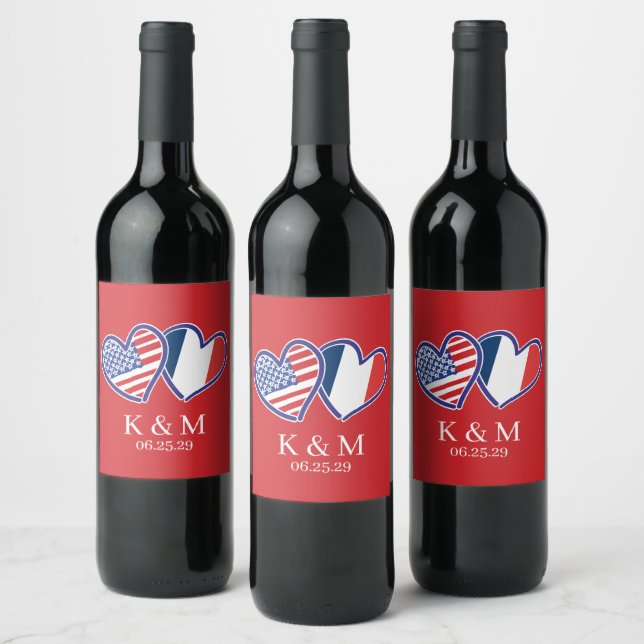 French American Heart Flags Wine Label (Bottles)