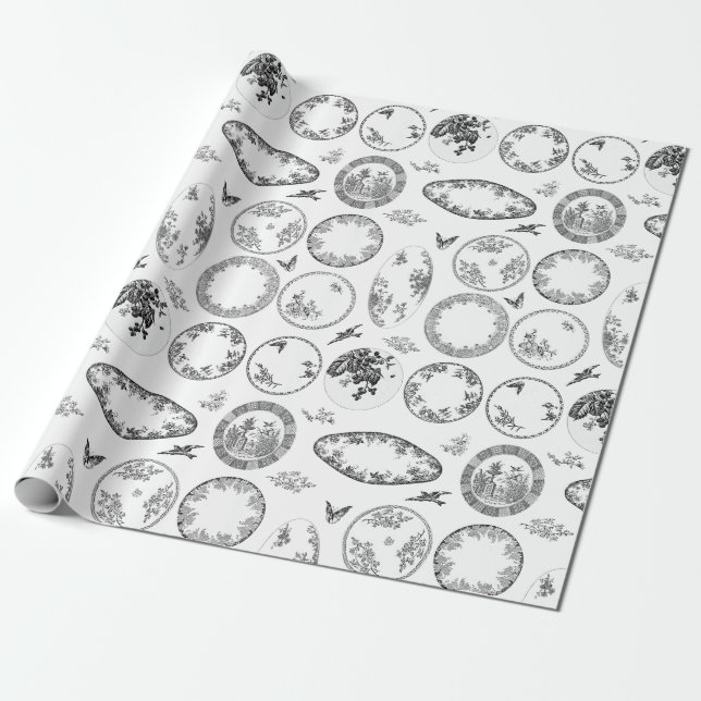 French Antique Plates | BLACK Wrapping Paper (Unrolled)
