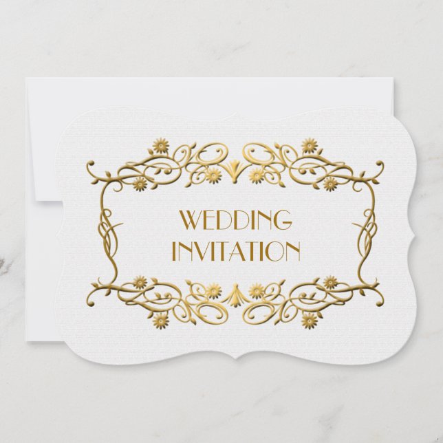 French Art Deco Ivory White Gold Foil Wedding Invitation (Front)