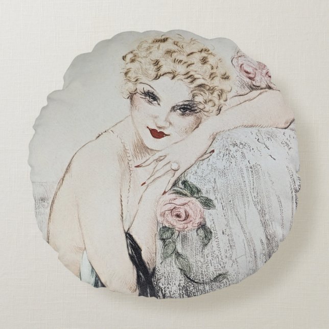 French Art Deco Louis Icart Pillow: La Belle Rose Round Cushion (Front)