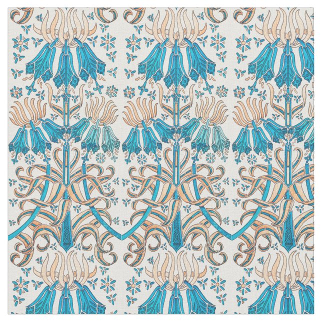 French Art Nouveau Floral Botanical Blue White Fabric (Close Up)