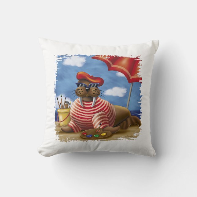 French Artist Walrus – Fun Beach Painting Scene Cushion (Front)