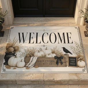 French Autumn Market Welcome White Pumpkin Elegant Doormat