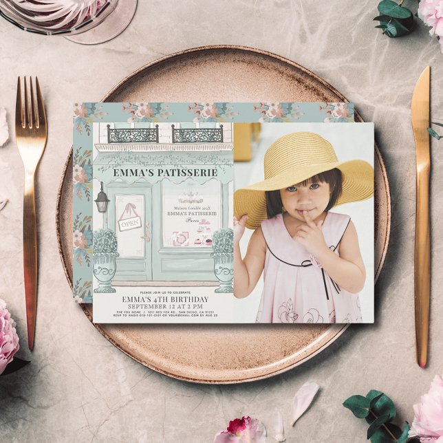 French Bakery Patisserie Green Birthday Photo Invitation (Creator Uploaded)
