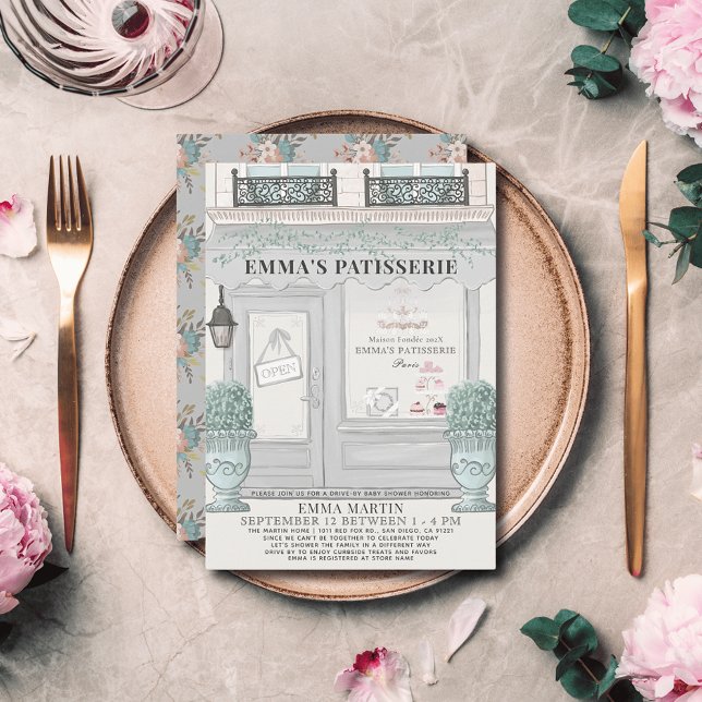 French Bakery Patisserie Grey Drive-by Baby Shower Invitation (Creator Uploaded)