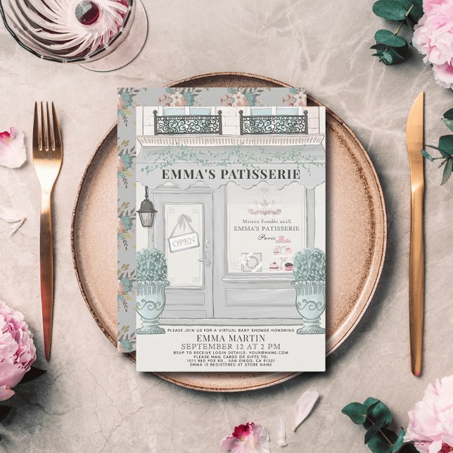 French Bakery Patisserie Grey Virtual Baby Shower  Invitation (Creator Uploaded)