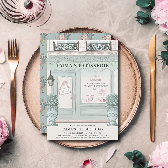 French Bakery Patisserie Paris Green 1st Birthday Invitation (Creator Uploaded)