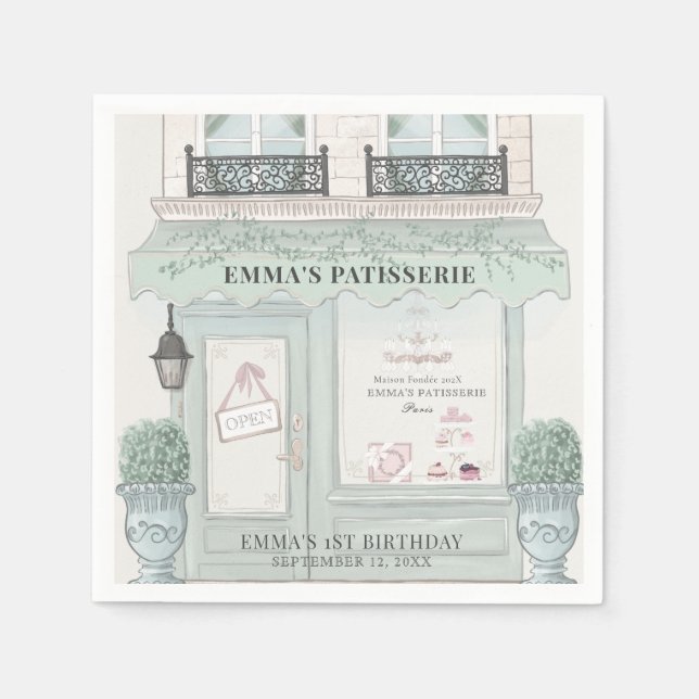 French Bakery Patisserie Paris Green 1st Birthday Napkin (Front)