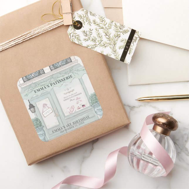 French Bakery Patisserie Paris Green Birthday Square Sticker (Gifting)