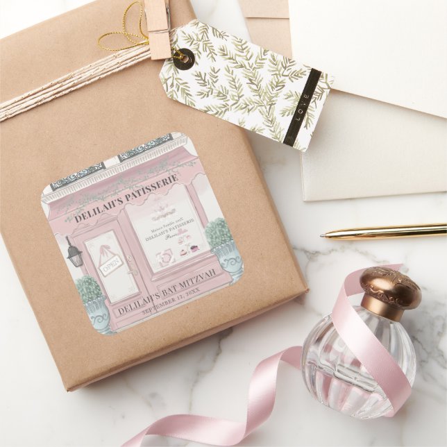 French Bakery Patisserie Paris Pink Bat Mitzvah Square Sticker (Gifting)