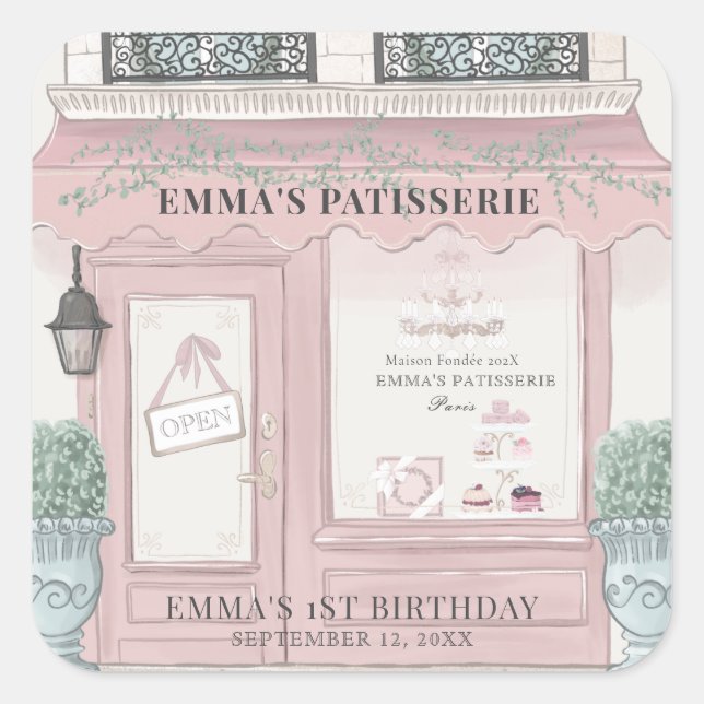 French Bakery Patisserie Paris Pink Birthday Square Sticker (Front)