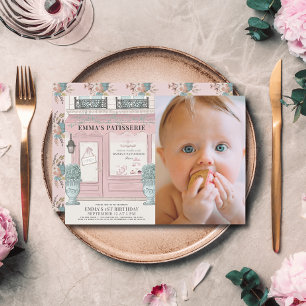 French Bakery Patisserie Pink 1st Birthday Photo Invitation